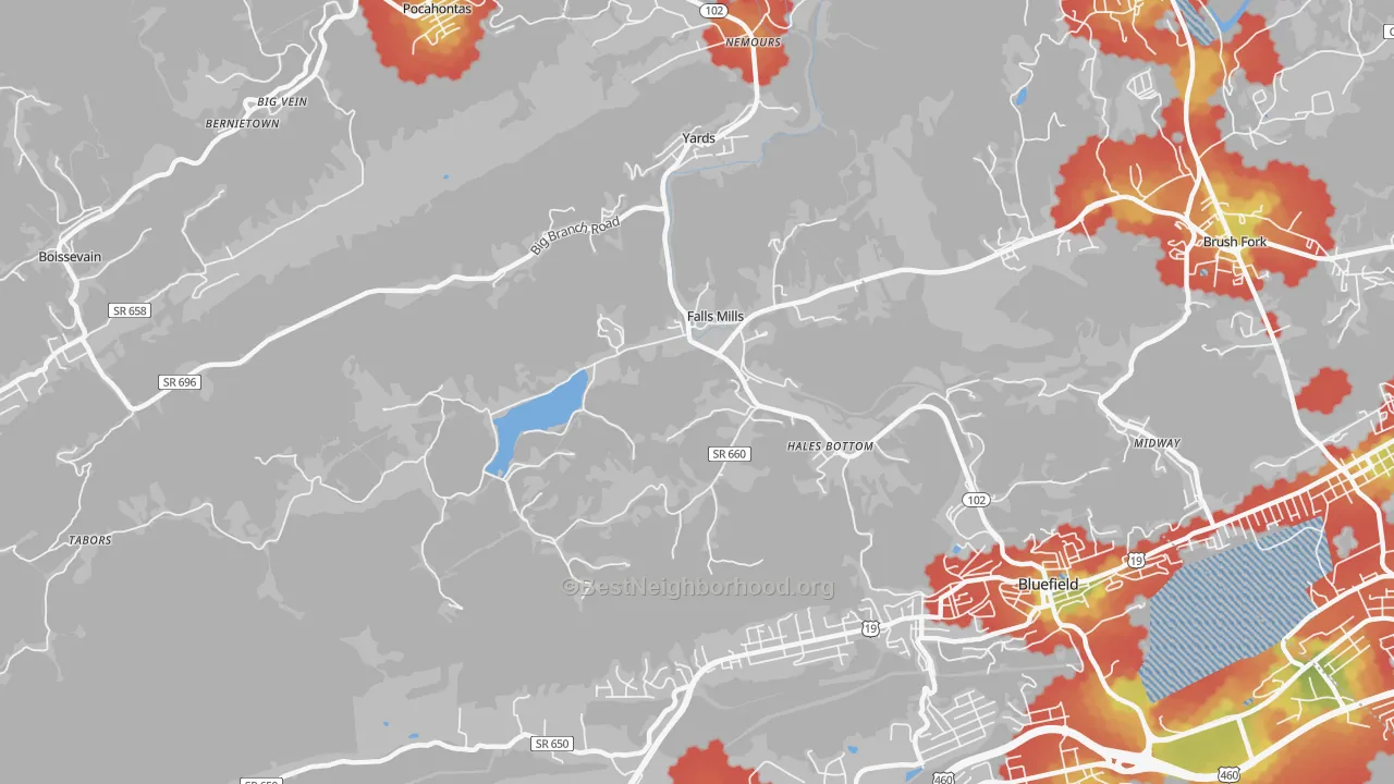 Walk Grade map of Falls Mills, VA, walkable areas in green and car-dependent areas in red