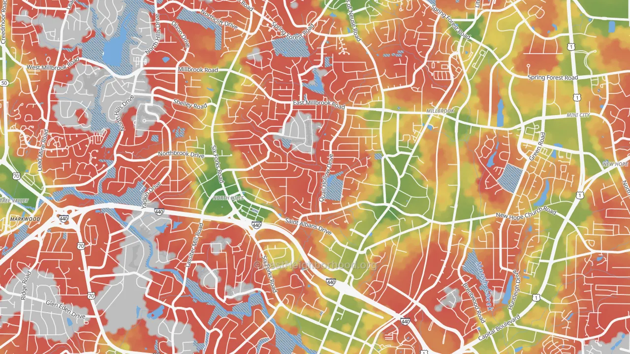 Walk Grade map of Falls of Neuse, Raleigh, NC, walkable areas in green and car-dependent areas in red