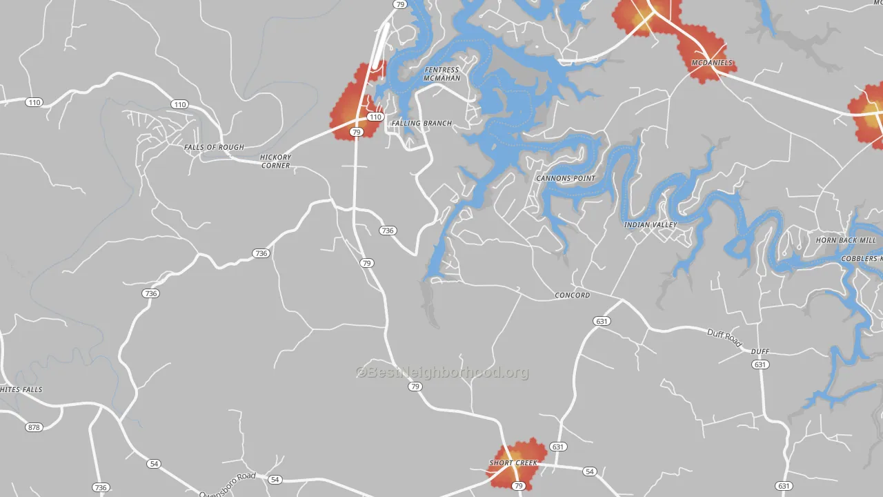 Walk Grade map of Falls Of Rough, KY, walkable areas in green and car-dependent areas in red