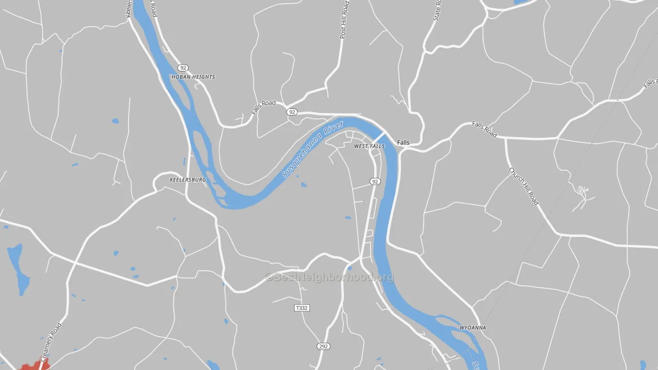 Walk Grade map of Falls, PA, walkable areas in green and car-dependent areas in red