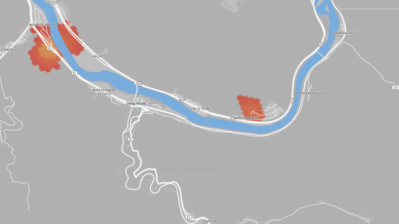 Walk Grade map of Falls View, WV, walkable areas in green and car-dependent areas in red
