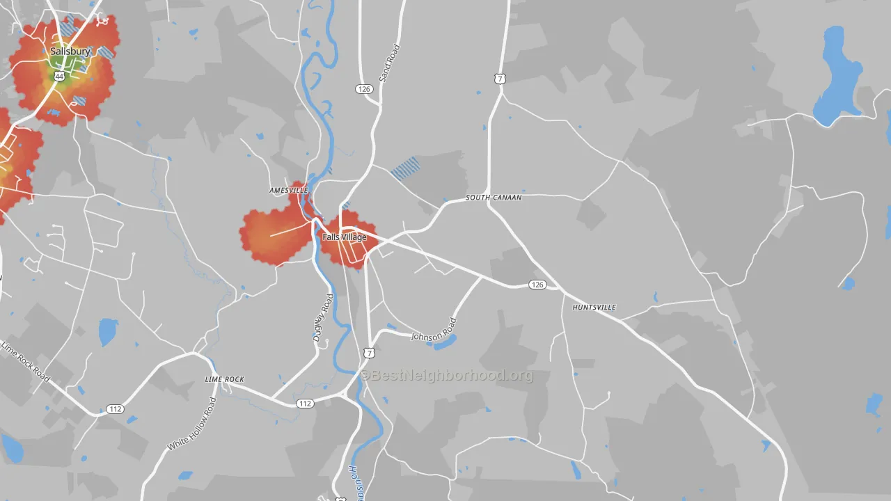 Walk Grade map of Falls Village, CT, walkable areas in green and car-dependent areas in red