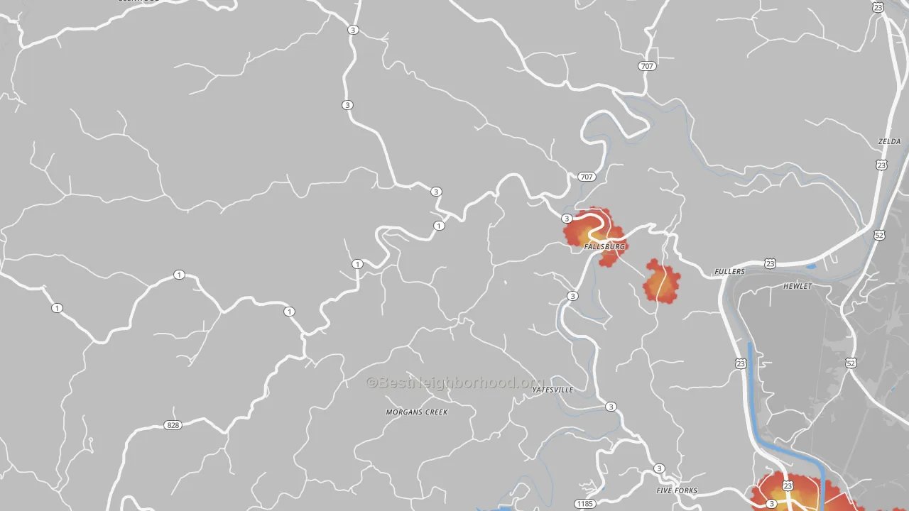 Walk Grade map of Fallsburg, KY, walkable areas in green and car-dependent areas in red