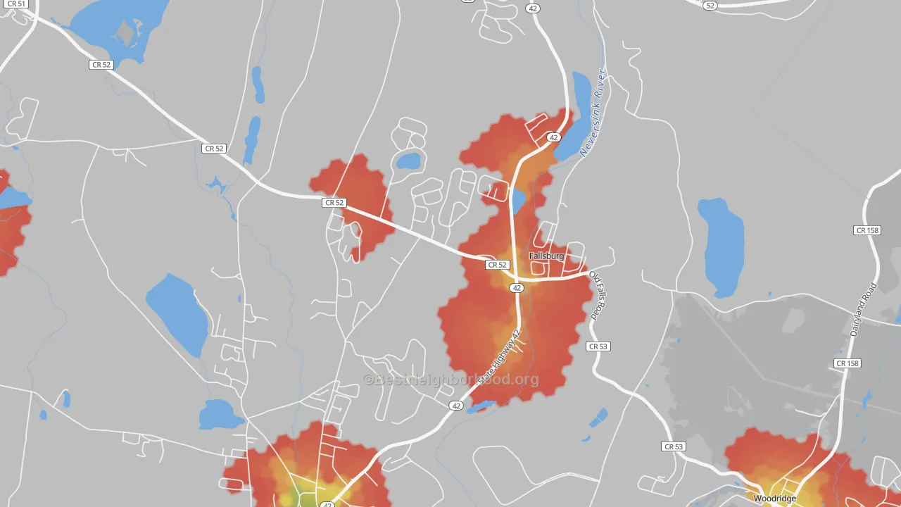 Walk Grade map of Fallsburg, NY, walkable areas in green and car-dependent areas in red