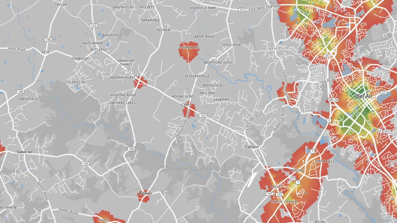 Walk Grade map of Fallston, MD, walkable areas in green and car-dependent areas in red
