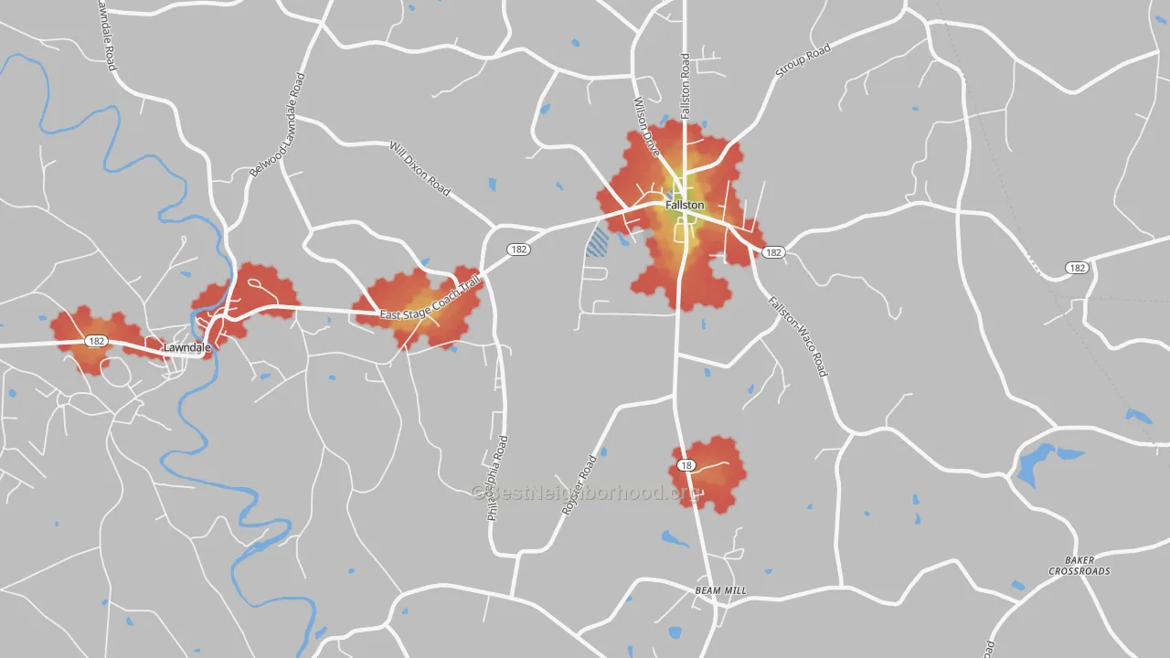Walk Grade map of Fallston, NC, walkable areas in green and car-dependent areas in red