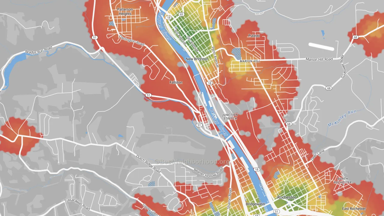 Walk Grade map of Fallston, PA, walkable areas in green and car-dependent areas in red