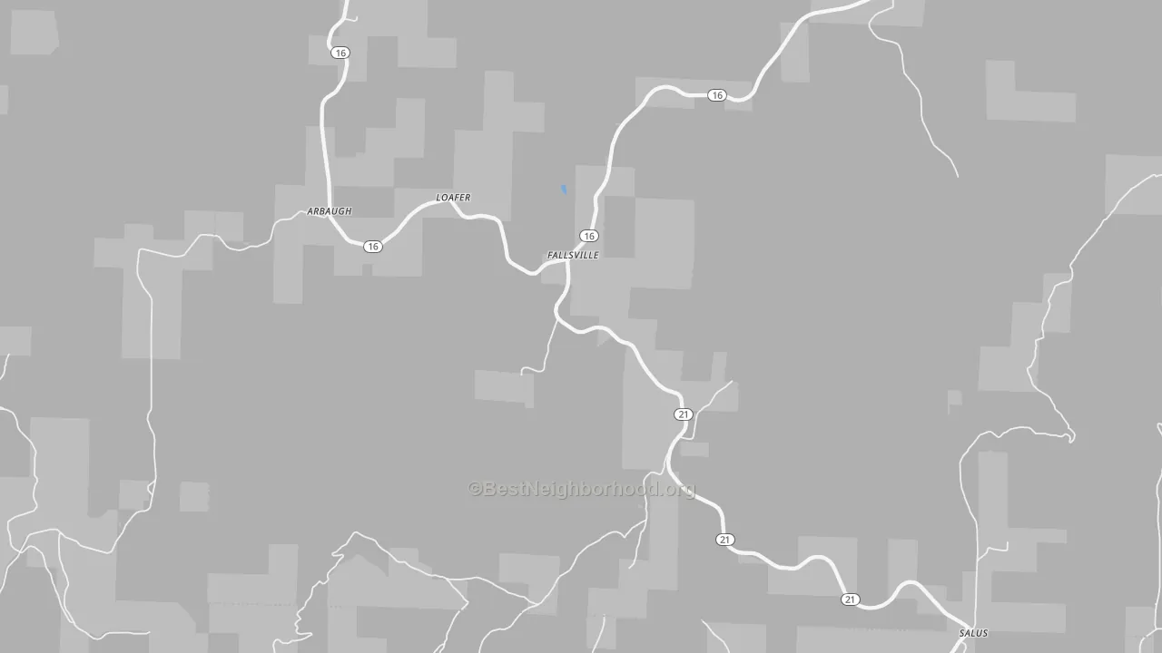 Walk Grade map of Fallsville, AR, walkable areas in green and car-dependent areas in red