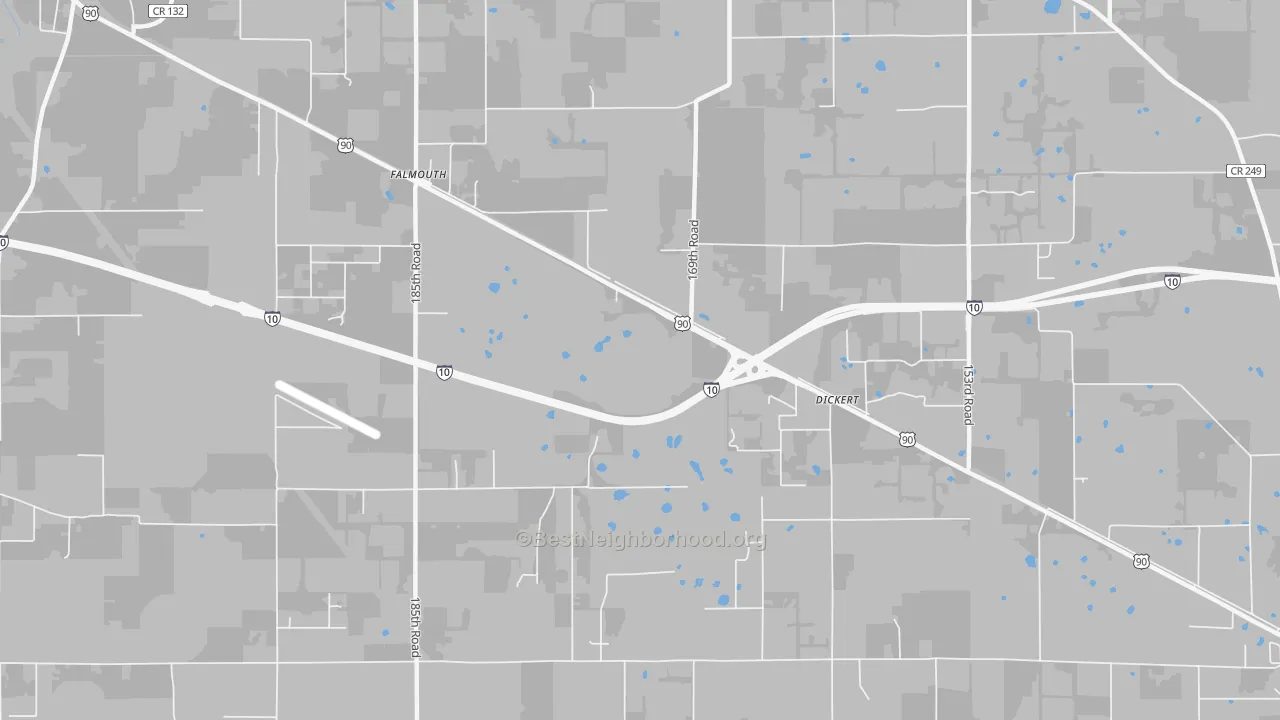 Walk Grade map of Falmouth, FL, walkable areas in green and car-dependent areas in red