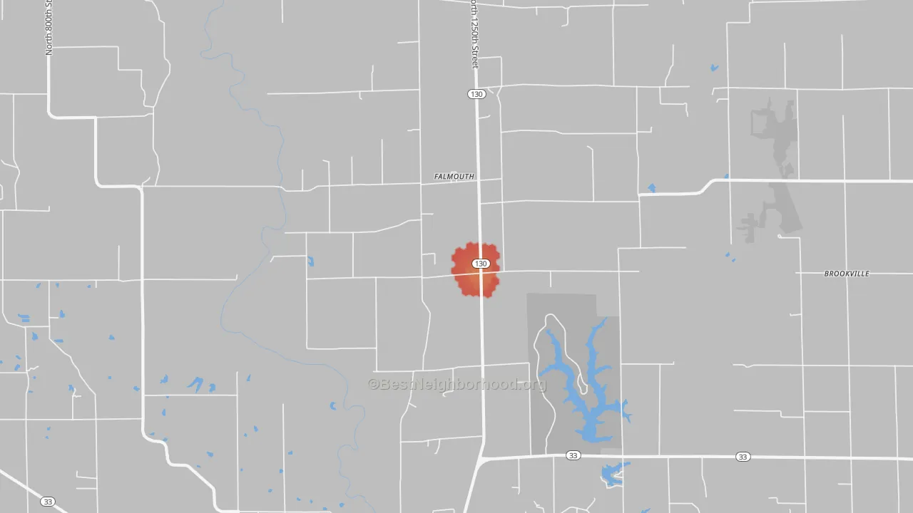 Walk Grade map of Falmouth, IL, walkable areas in green and car-dependent areas in red