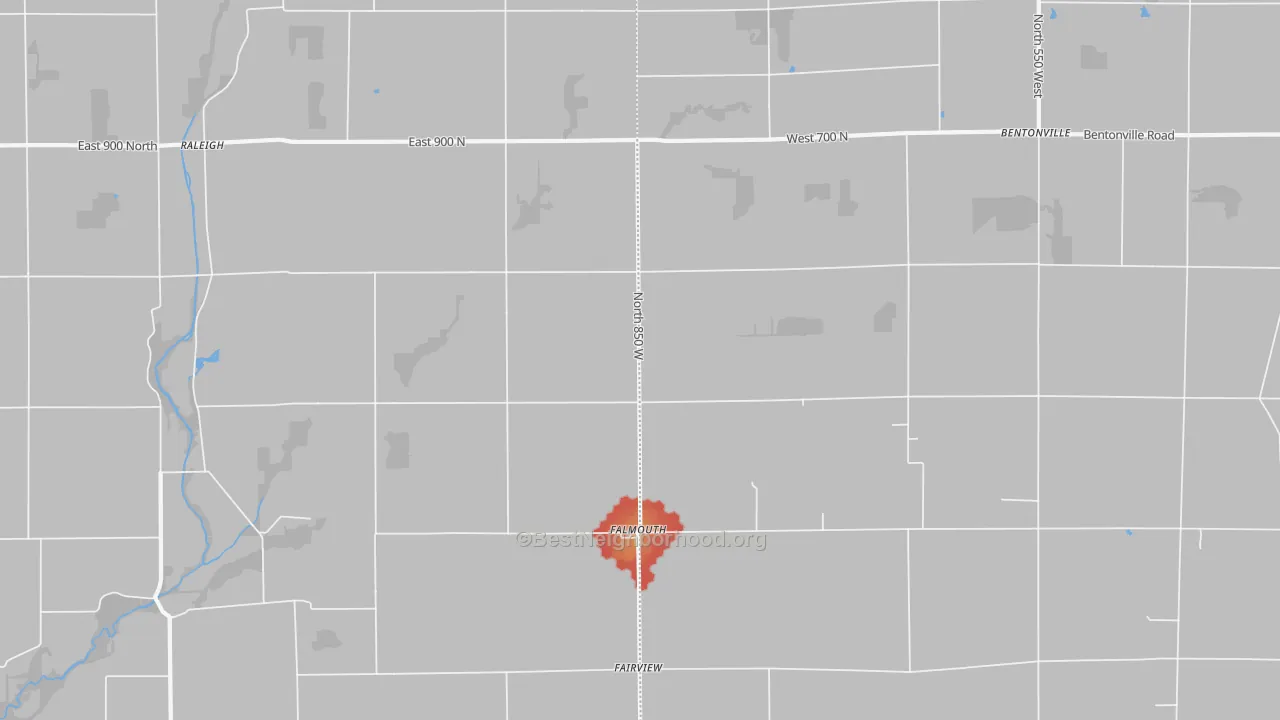 Walk Grade map of Falmouth, IN, walkable areas in green and car-dependent areas in red