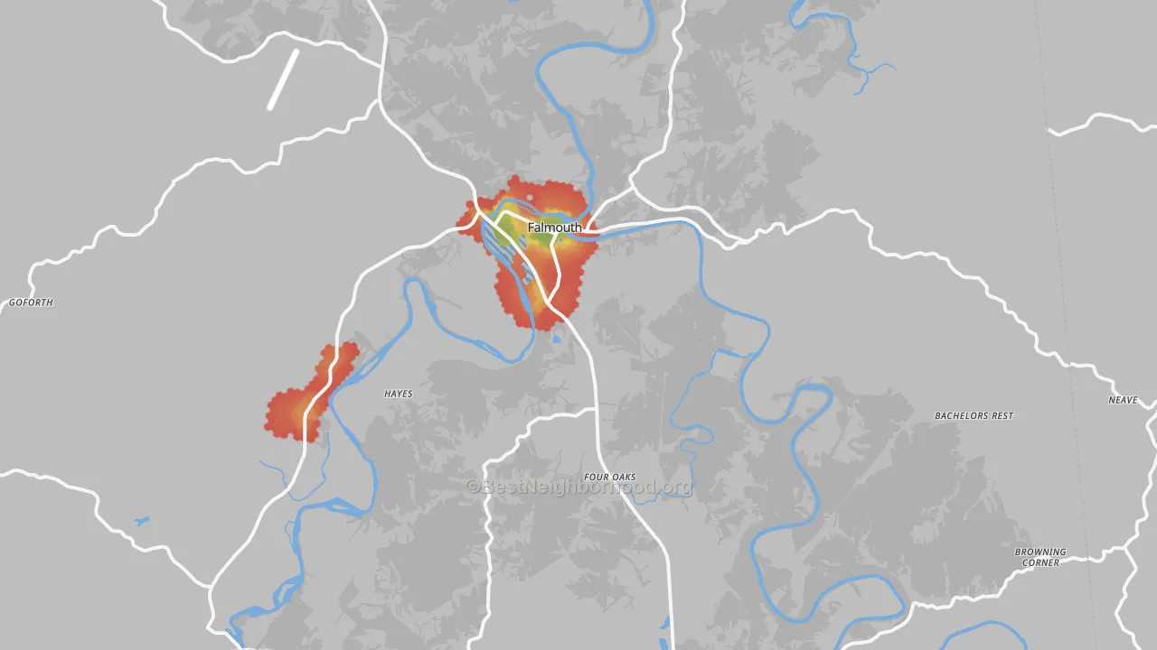 Walk Grade map of Falmouth, KY, walkable areas in green and car-dependent areas in red