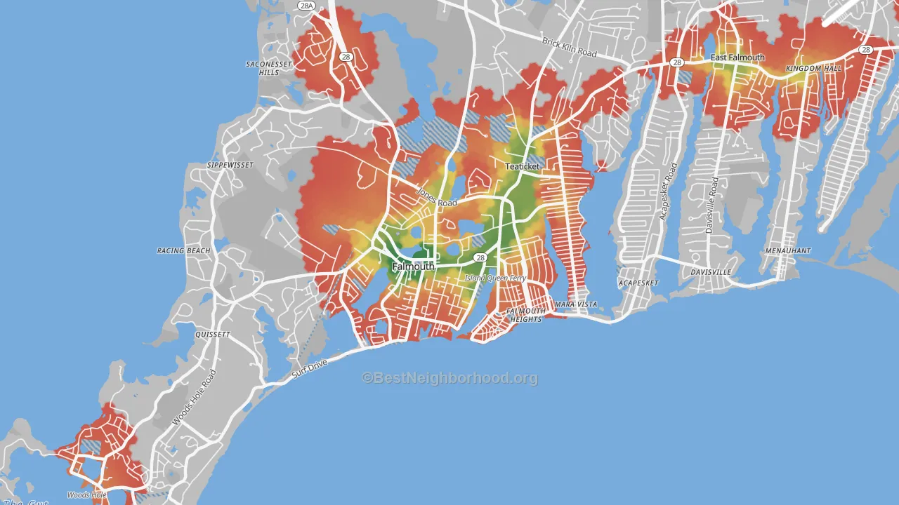Walk Grade map of Falmouth, MA, walkable areas in green and car-dependent areas in red