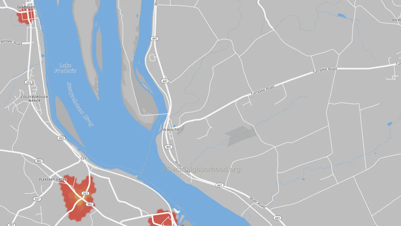Walk Grade map of Falmouth, PA, walkable areas in green and car-dependent areas in red