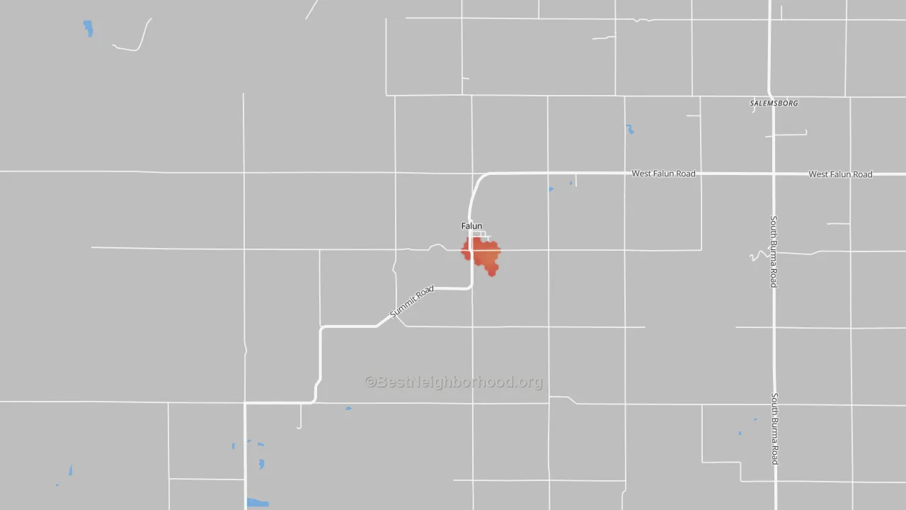 Walk Grade map of Falun, KS, walkable areas in green and car-dependent areas in red