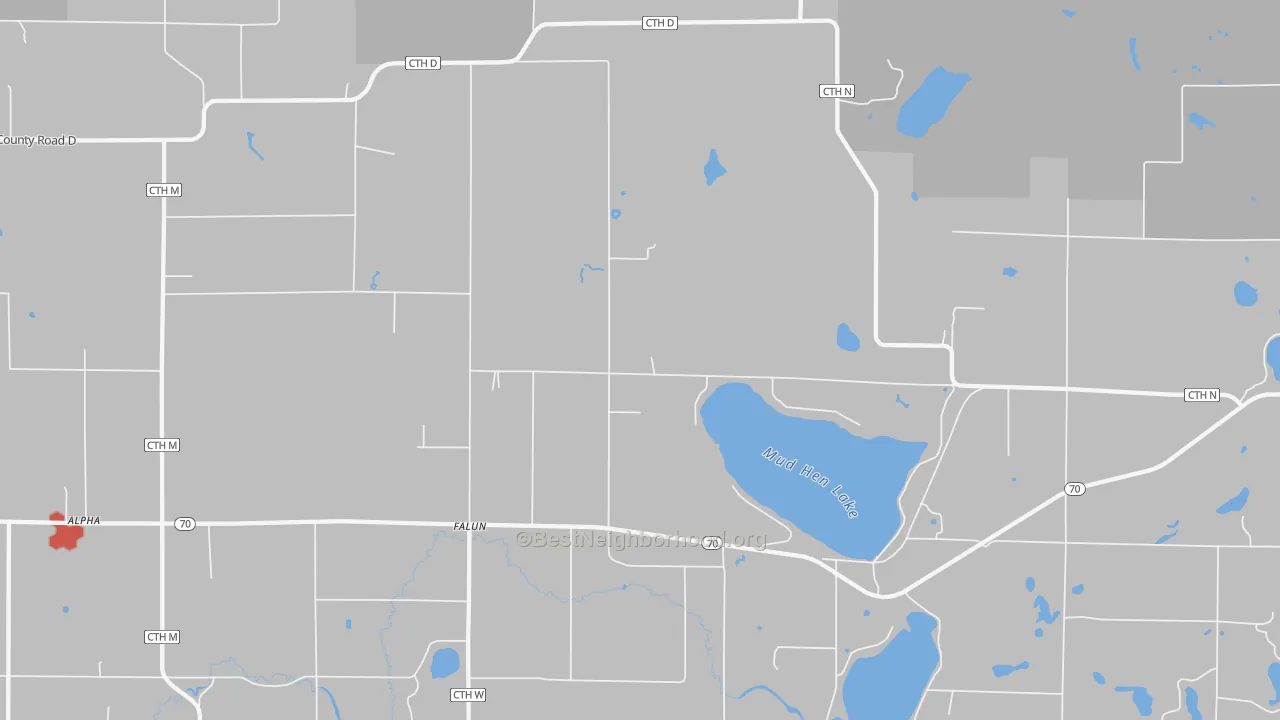 Walk Grade map of Falun, WI, walkable areas in green and car-dependent areas in red