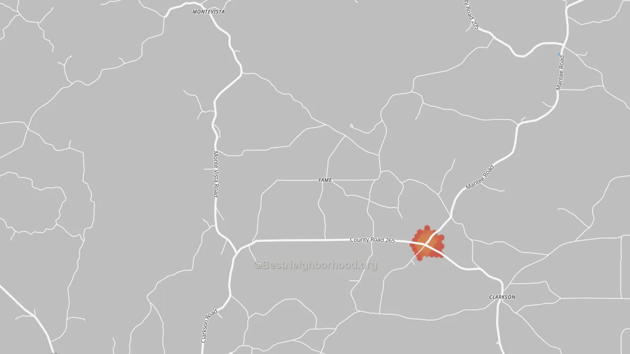 Walk Grade map of Fame, MS, walkable areas in green and car-dependent areas in red