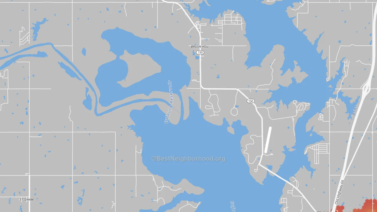 Walk Grade map of Fame, OK, walkable areas in green and car-dependent areas in red
