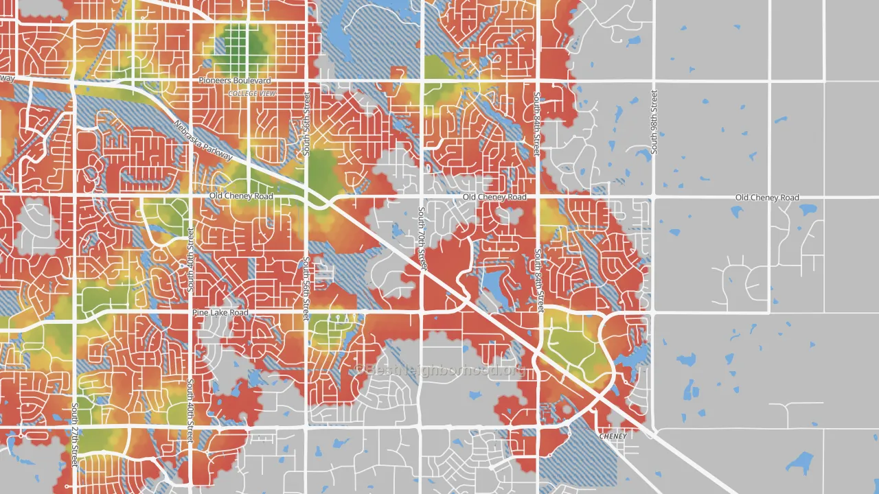 Walk Grade map of Family Acres, Lincoln, NE, walkable areas in green and car-dependent areas in red