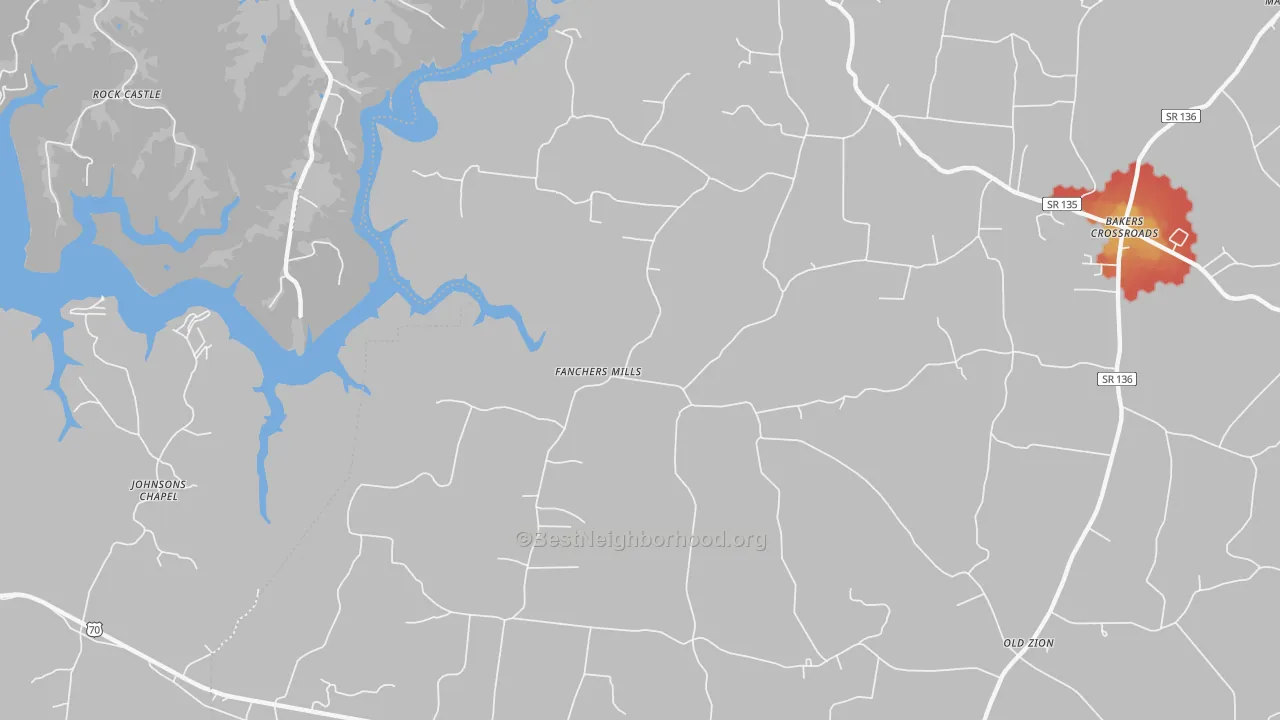 Walk Grade map of Fanchers Mills, TN, walkable areas in green and car-dependent areas in red
