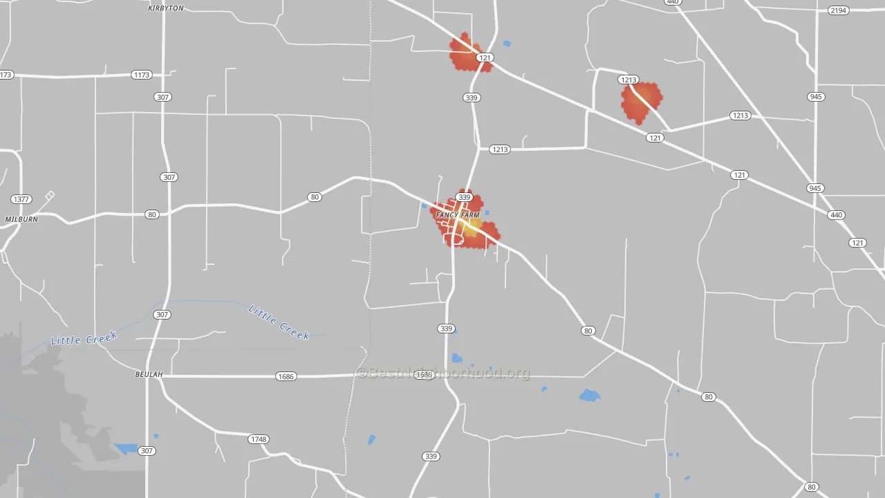 Walk Grade map of Fancy Farm, KY, walkable areas in green and car-dependent areas in red