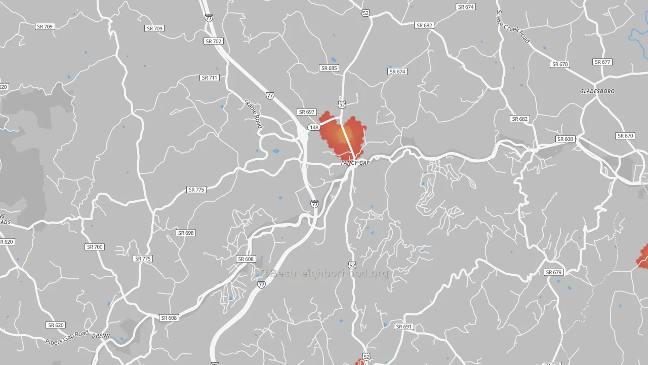 Walk Grade map of Fancy Gap, VA, walkable areas in green and car-dependent areas in red