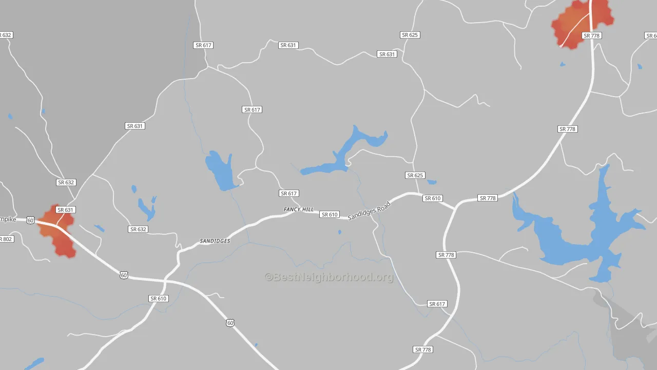 Walk Grade map of Fancy Hill, VA, walkable areas in green and car-dependent areas in red