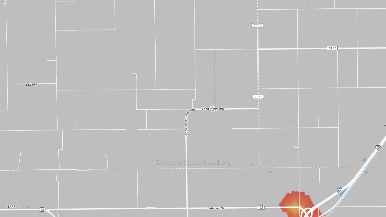 Walk Grade map of Fancy Prairie, IL, walkable areas in green and car-dependent areas in red