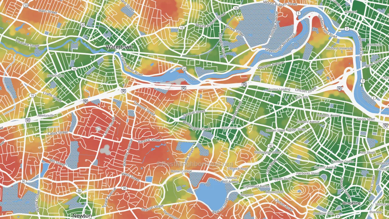 Walk Grade map of Faneuil, Brighton, MA, walkable areas in green and car-dependent areas in red