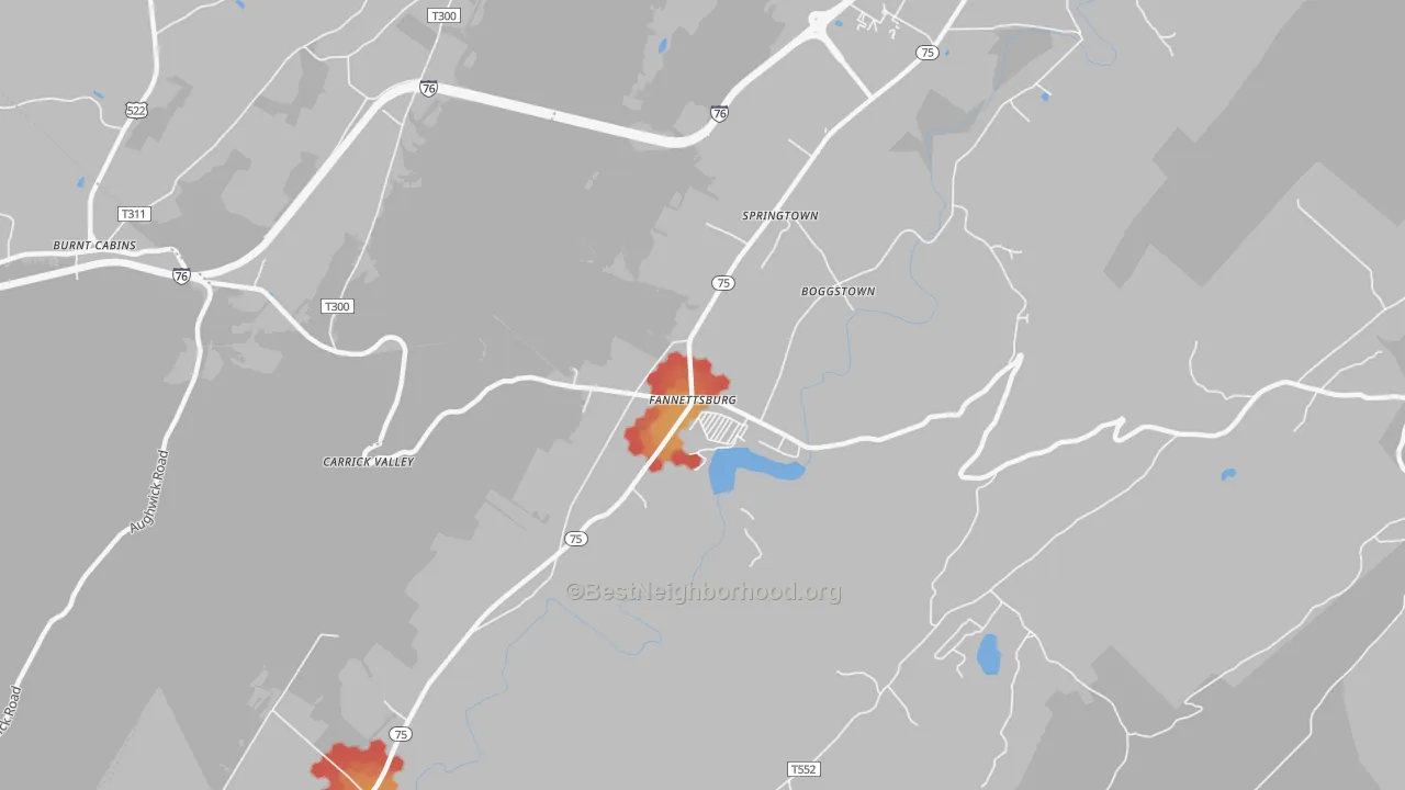 Walk Grade map of Fannettsburg, PA, walkable areas in green and car-dependent areas in red