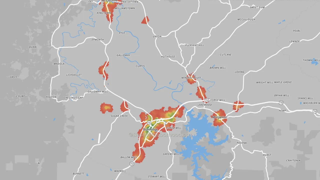 Walk Grade map of Fannin County, GA, walkable areas in green and car-dependent areas in red