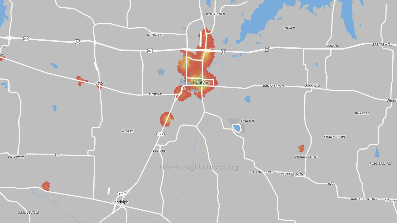 Walk Grade map of Fannin County, TX, walkable areas in green and car-dependent areas in red