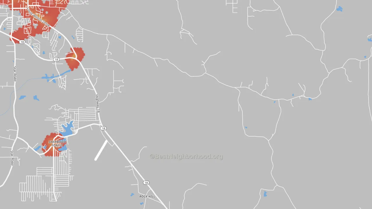 Walk Grade map of Fannin, MS, walkable areas in green and car-dependent areas in red