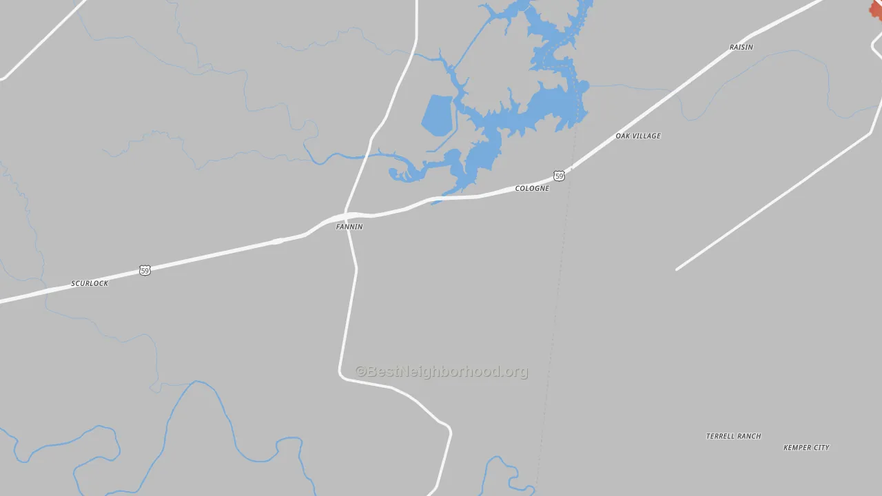 Walk Grade map of Fannin, TX, walkable areas in green and car-dependent areas in red