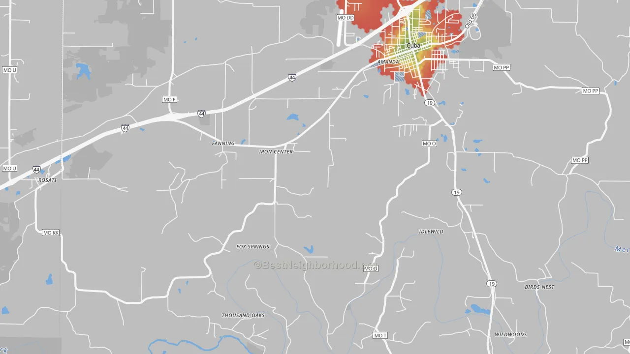 Walk Grade map of Fanning, MO, walkable areas in green and car-dependent areas in red