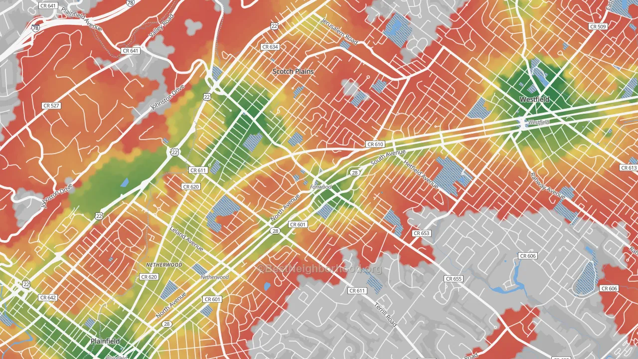Walk Grade map of Fanwood, NJ, walkable areas in green and car-dependent areas in red