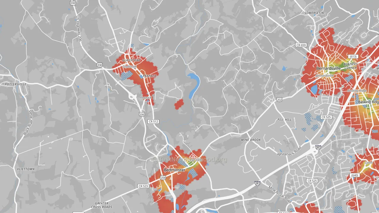 Walk Grade map of Far Hills, NJ, walkable areas in green and car-dependent areas in red