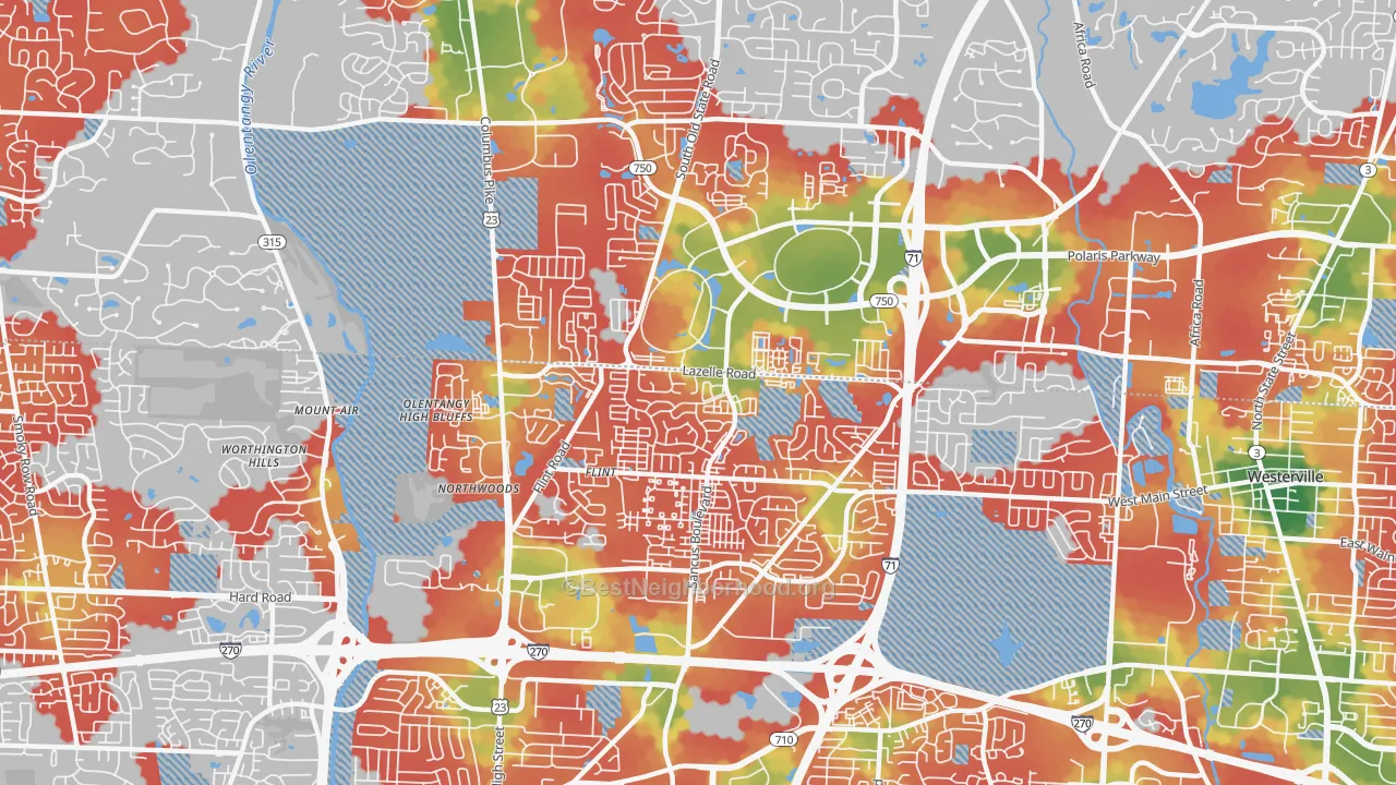 Walk Grade map of Far North, Columbus, OH, walkable areas in green and car-dependent areas in red