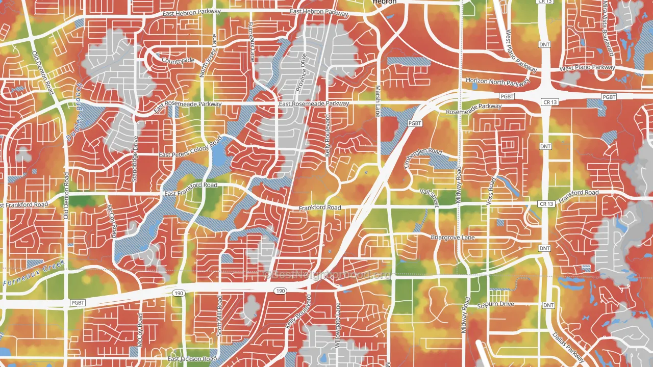 Walk Grade map of Far North Dallas-Carrollton, Carrollton, TX, walkable areas in green and car-dependent areas in red