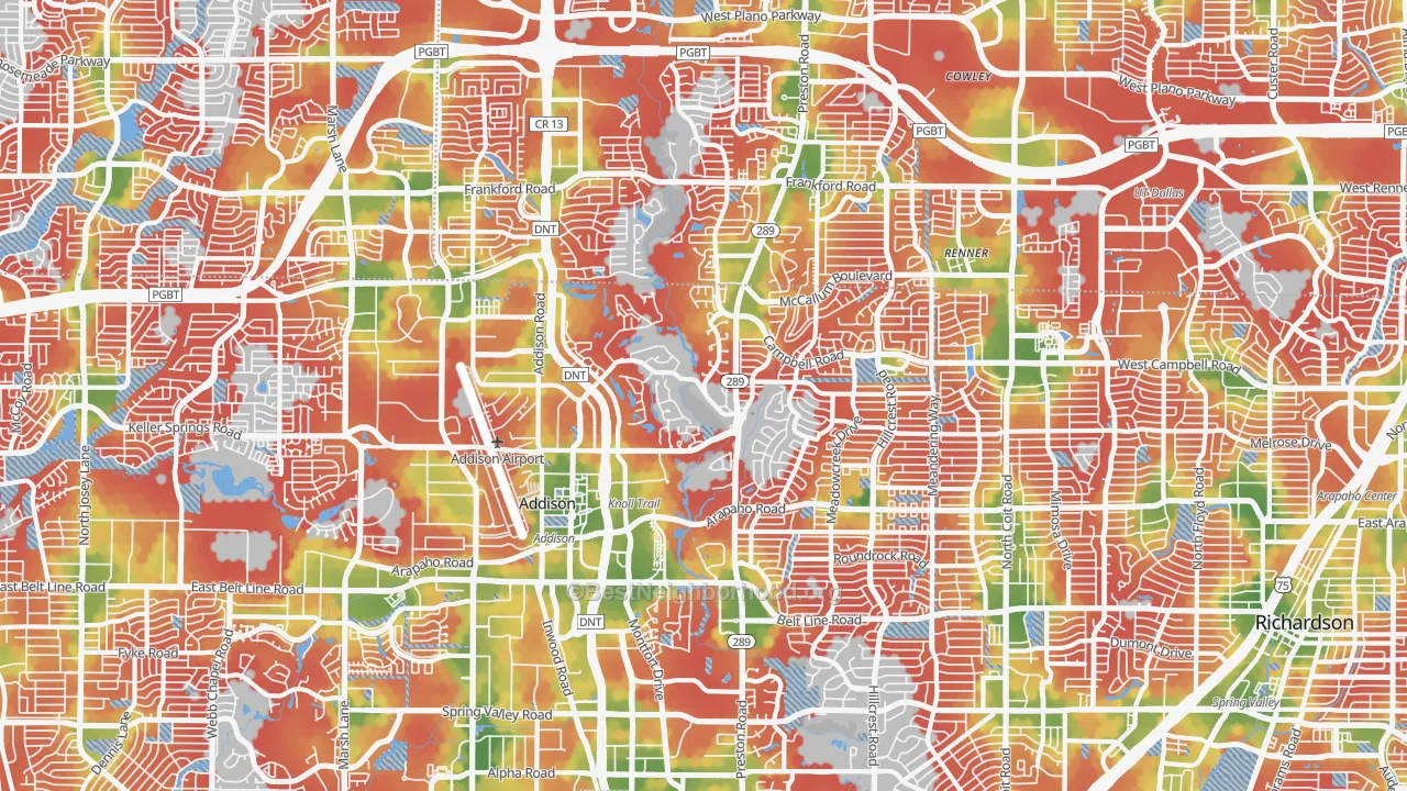 Walk Grade map of Far North Dallas, Dallas, TX, walkable areas in green and car-dependent areas in red