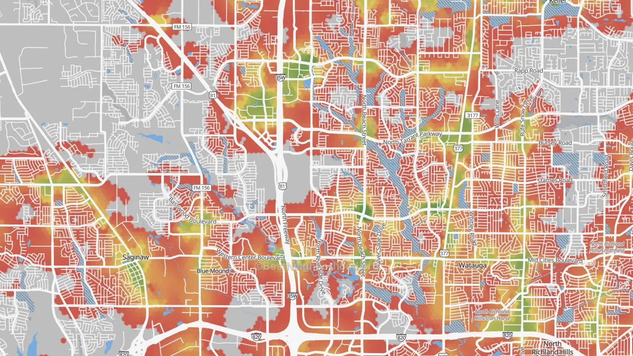 Walk Grade map of Far North Dallas-Fort Worth, Fort Worth, TX, walkable areas in green and car-dependent areas in red