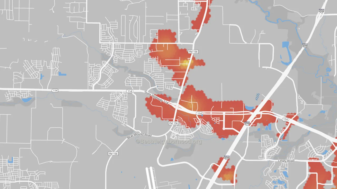 Walk Grade map of Far North Dallas-Justin, Justin, TX, walkable areas in green and car-dependent areas in red