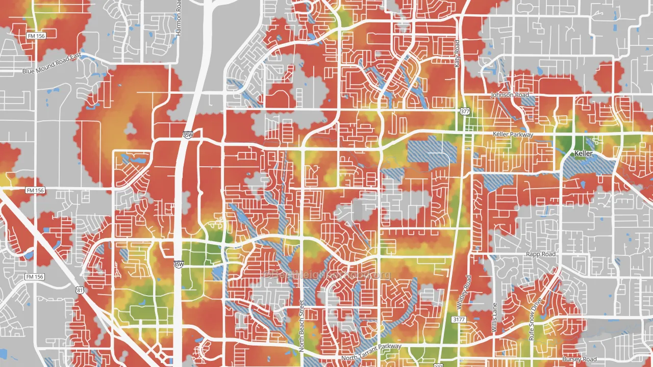 Walk Grade map of Far North Dallas-Keller, Keller, TX, walkable areas in green and car-dependent areas in red