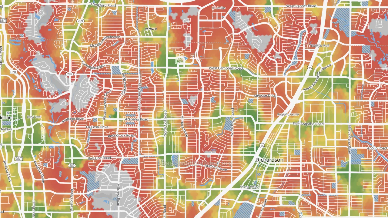 Walk Grade map of Far North Dallas-Richardson, Richardson, TX, walkable areas in green and car-dependent areas in red