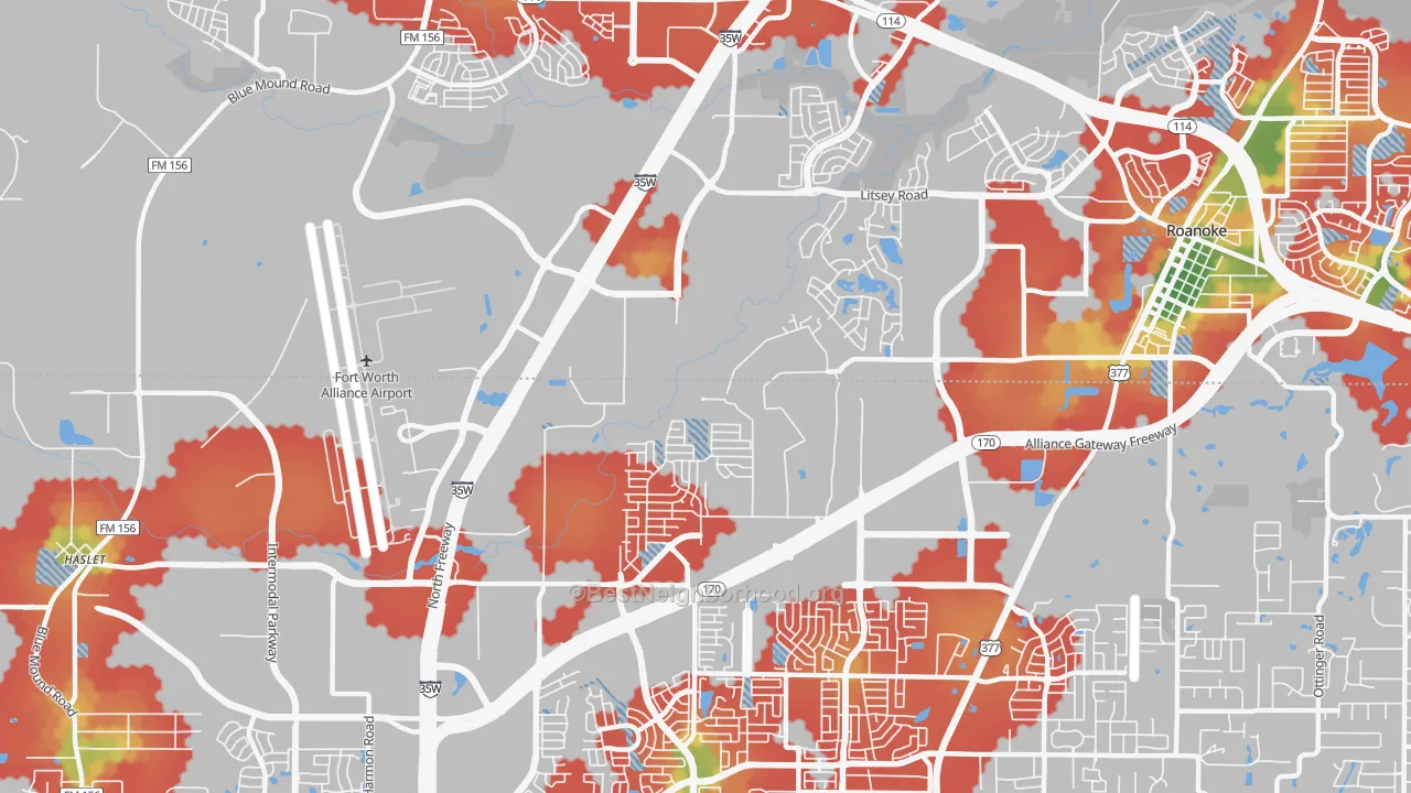 Walk Grade map of Far North Dallas-Roanoke, Roanoke, TX, walkable areas in green and car-dependent areas in red