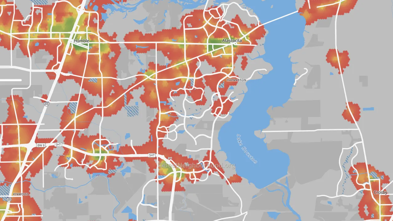 Walk Grade map of Far Northeast-Houston, Houston, TX, walkable areas in green and car-dependent areas in red