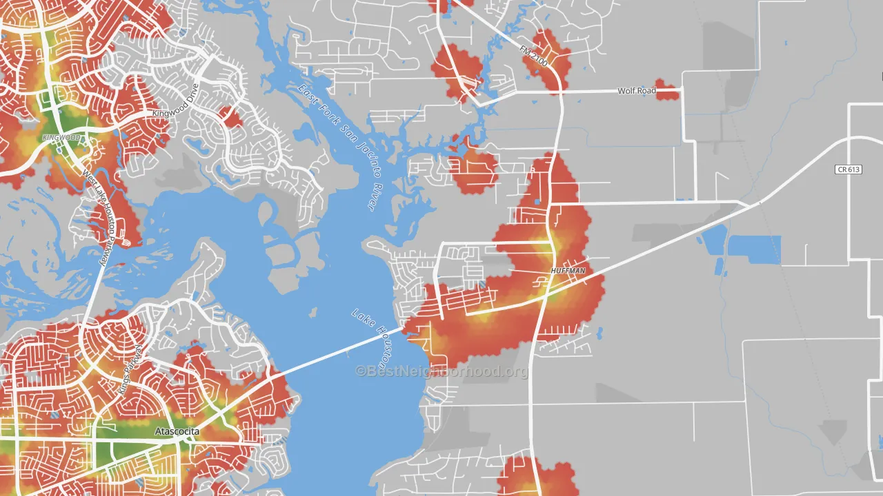 Walk Grade map of Far Northeast-Huffman, Huffman, TX, walkable areas in green and car-dependent areas in red