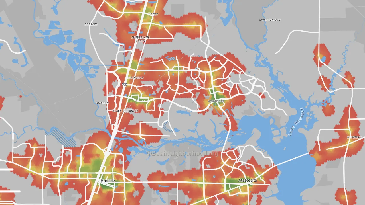 Walk Grade map of Far Northeast, Humble, TX, walkable areas in green and car-dependent areas in red