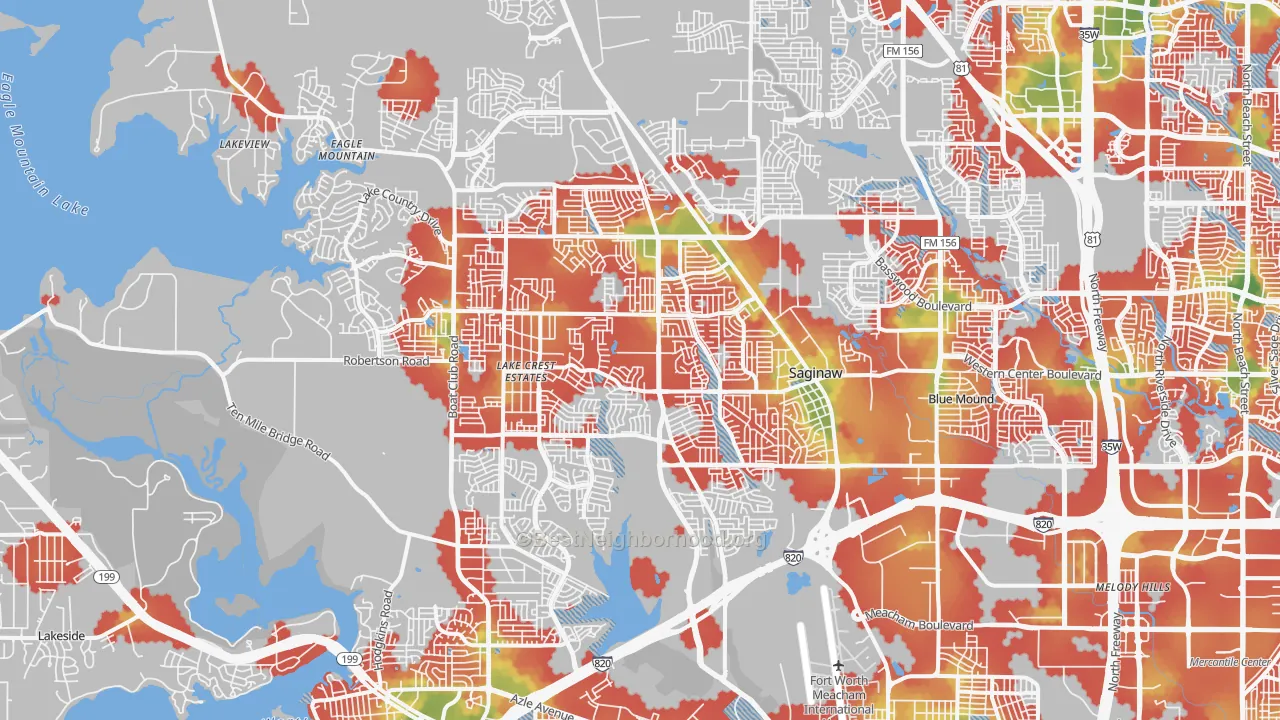 Walk Grade map of Far Northwest, Fort Worth, TX, walkable areas in green and car-dependent areas in red