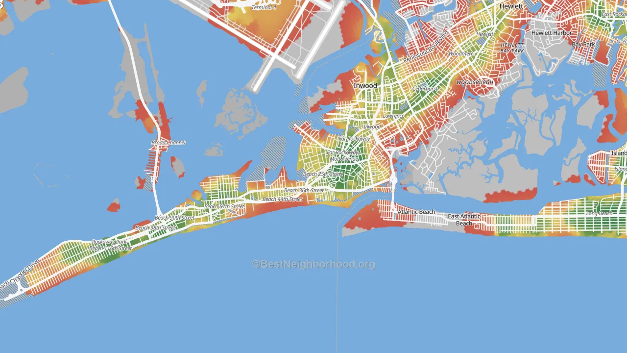 Walk Grade map of Far Rockaway, Queens, NY, walkable areas in green and car-dependent areas in red